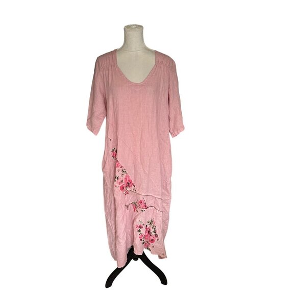 Lin Blanc 100% Linen Pink Floral Embellished Long Dress Lagenlook- Sz 46 Unique - Picture 2 of 10